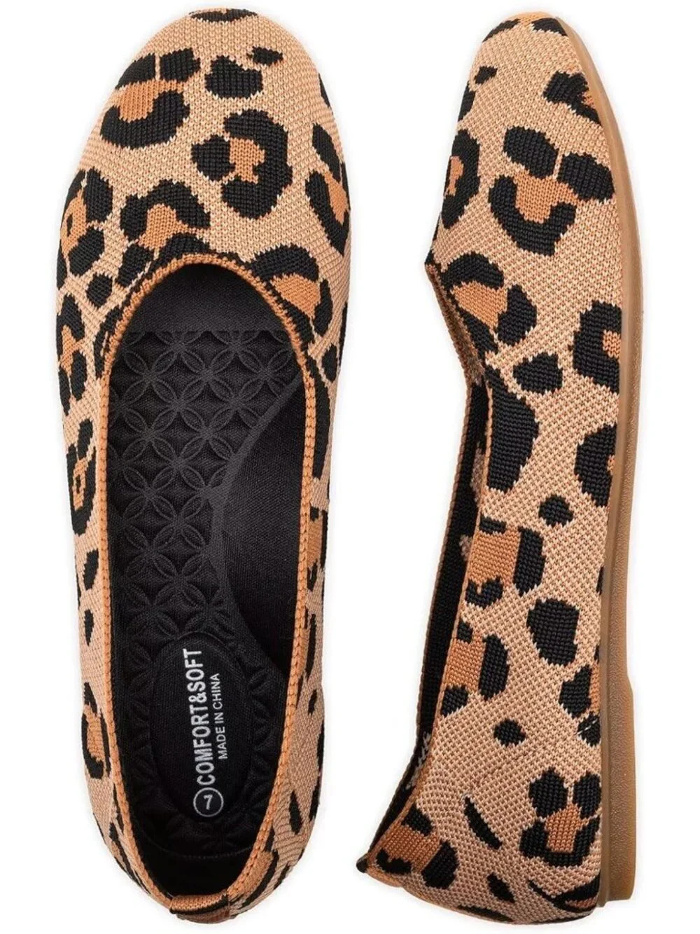 Women's Leopard Orange Round Toe Low Wedge Slip On Ballerina Ballet Flat Shoes